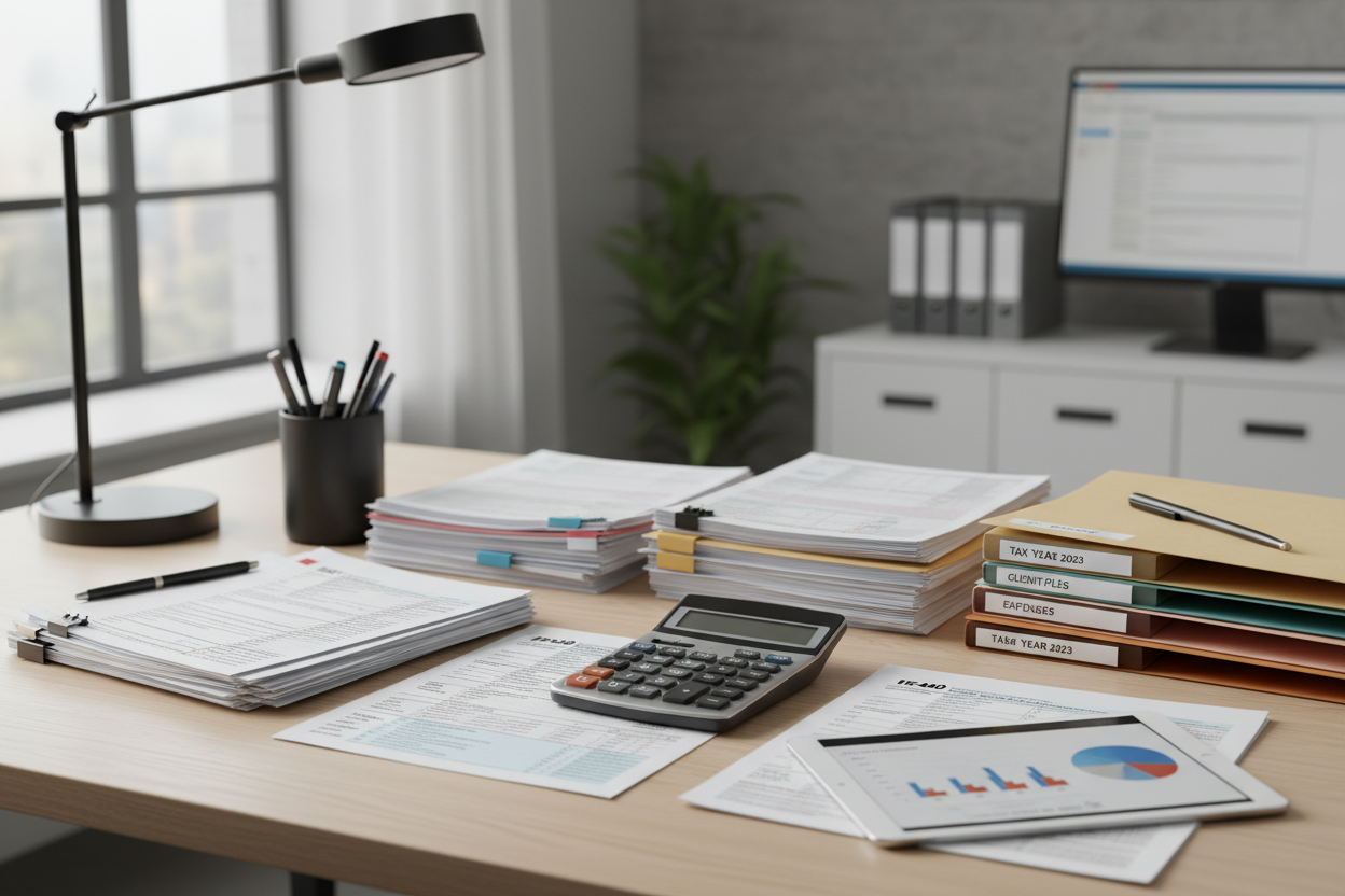 tax paperwork desk

financial documents desk

business paperwork

accounting workspace

calculator paperwork